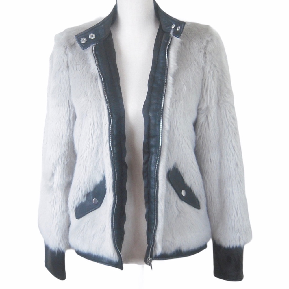 Bomber Jacket Gray Faux Fur & Black Faux Leather